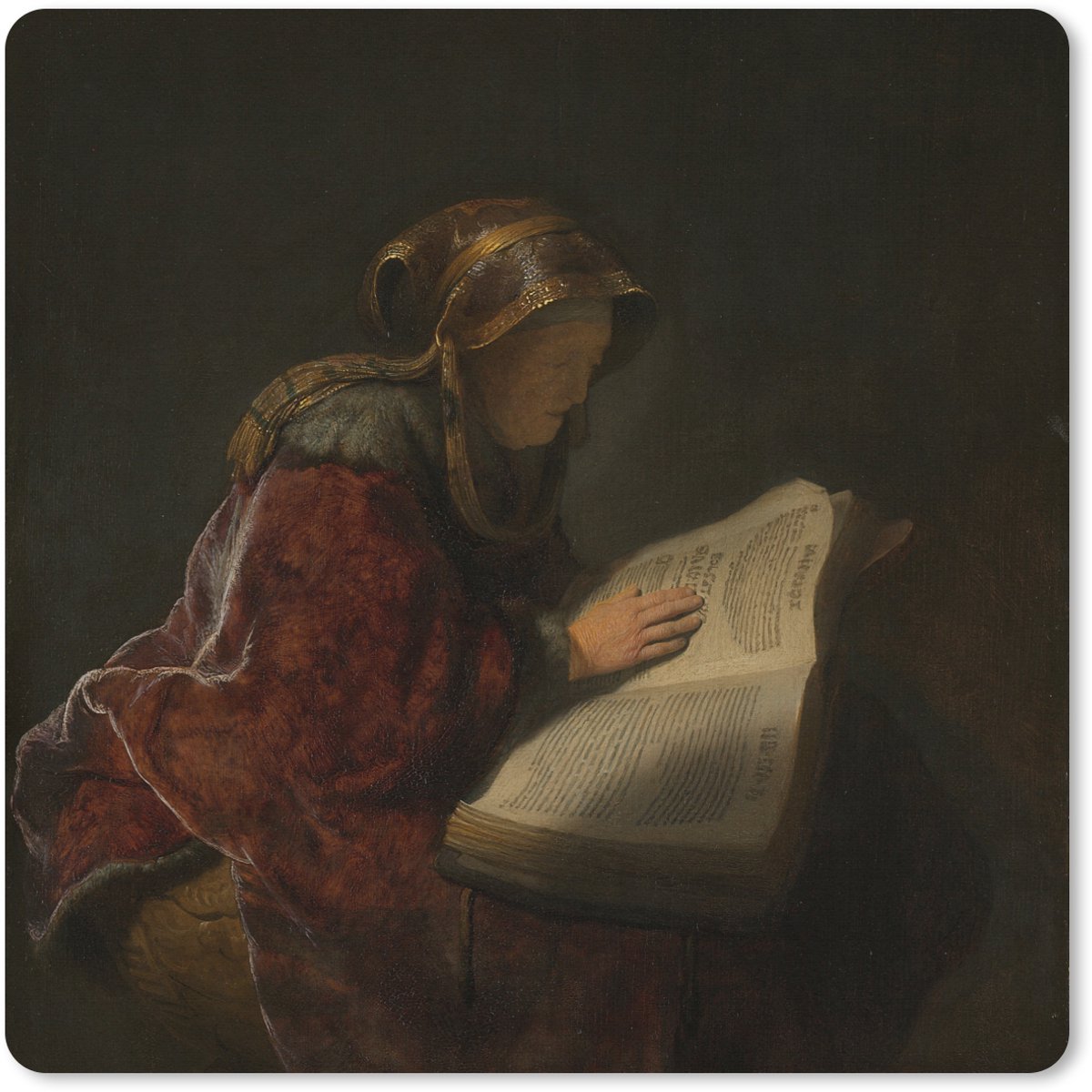 Muismat XXL 60x60 cm - Bureau onderlegger - Bureau mat Oude lezende vrouw waarschijnlijk de profetes Hanna - Rembrandt van Rijn - Bureaumat - Gaming mousepad xl - Bureaulegger groot - Computer deskmat