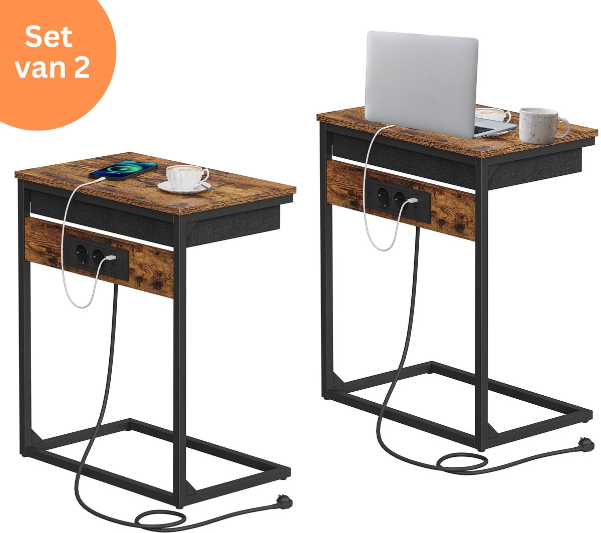 Signature Home Mongolia Bijzettafel - Laptoptafel met laadstation - Nachtkastje Set Van 2 - Banktafel met lade - Laptop tafel Industriële - Bruin Zwart - 55x35x66 cm