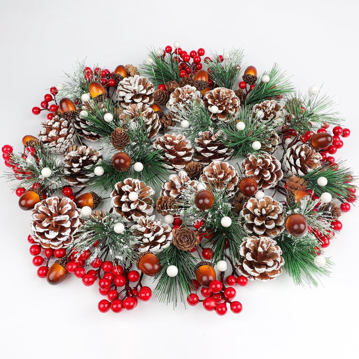 140 Pcs Pine Cones - Red Berry Pickers - Pine Branches Set voor DIY Crafts - Home Decoratie - Kerstboom - Cadeau - Feestbenodigdheden - Diverse Maten - Wit