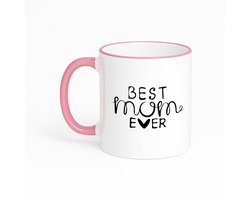 Hacebo® - Best mom ever koffiebeker met gekleurde rand roze - Mama - moeder - thee mok - koffie beker - Moederdag - cadeau - verjaardag - beste ooit - koffiemok - 330 ML