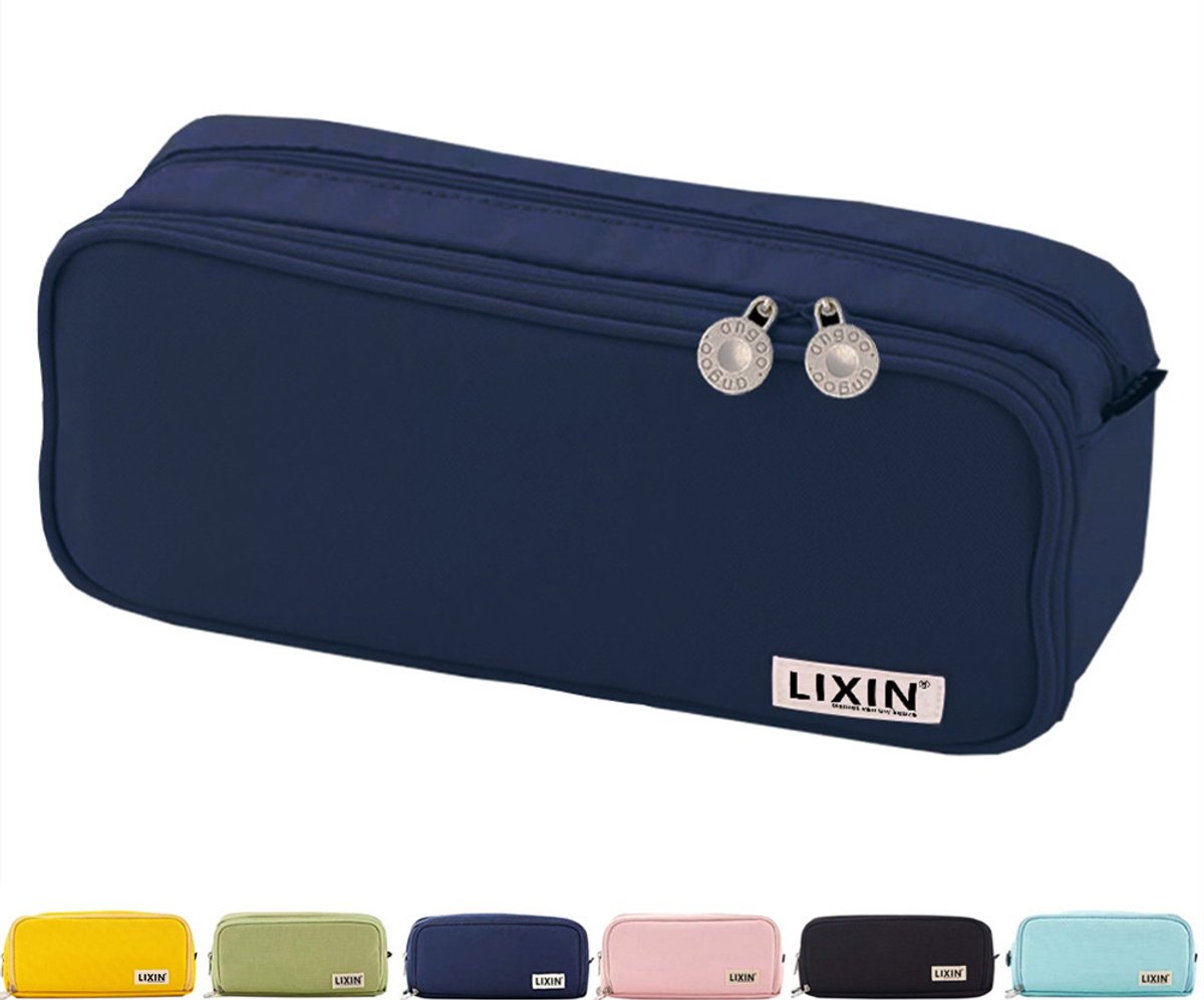 LIXIN Macaron Etui - Navy - Opgewaardeerd Groot - Pennenzak voor jongens en meisjes - Canvas - Linnen - Grote capaciteit - Etui voor kinderen en volwassenen - School - Terug naar school - Back to school - Leuke telescopishe pennenhouder - Leuk etui