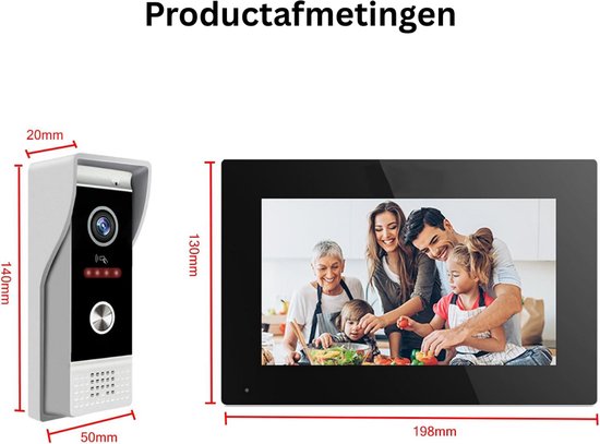 Afmetingen van deurbel (140x50x20mm) en monitor (130x198mm). Monitor toont gezin.