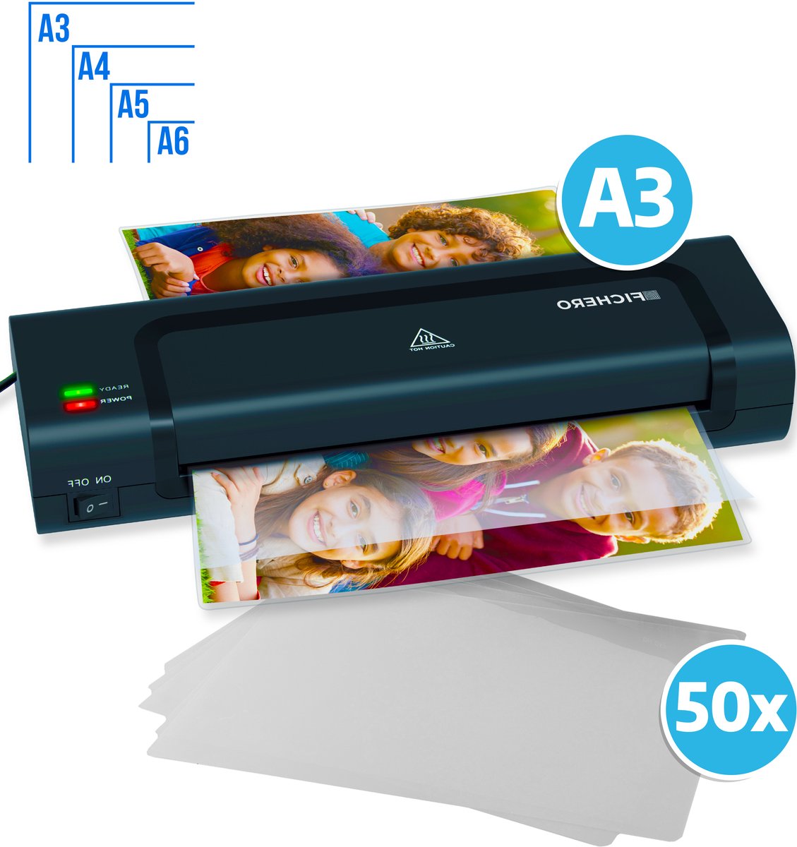 Lamineerapparaat A3 Combideal met 50 Lamineerhoezen A3 - Voor A3, A4, A5 en A6 - Lamineermachine - Plastificeerapparaat - Zwart - Fichero