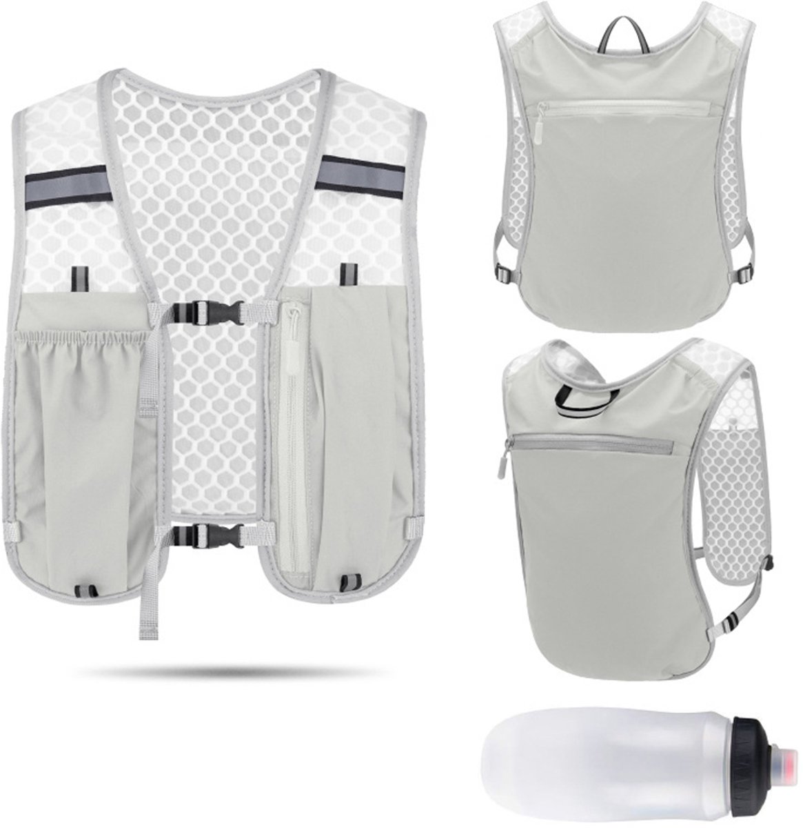 Hardloop-hydratatievest, lichtgewicht rugzak, stabiele borstuitrusting met blaas en telefoonhouder voor vrouwen, Heren,met reflecterende strepen, marathons, trails, fietsen, buitenavonturen(1 * grijs vest, 1 * waterfles) - Cyslmuk®