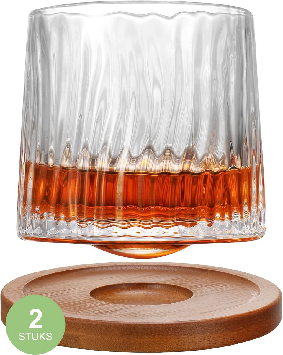 Uten Kristal Draaiende Whiskey Glazen – Whiskeyglazen - Whiskey glas - 2 stuks - 275 ml Glas - Glazen voor Alle Gebruiken - Incl twee onderzetters - (Transparant Model-A3 )