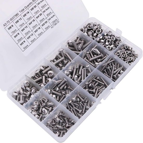 Coffret de 500 vis et écrous mécaniques M3 M4 M5 en acier inoxydable 304, avec tête cylindrique, boulons hexagonaux, attaches et clés