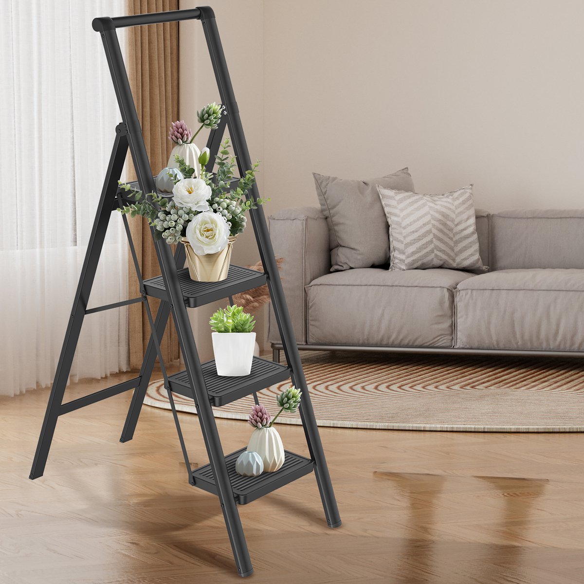 Opvouwbare trapladder, trapkruk, opvouwbare trap met breed antislip pedaal en leuning, multifunctionele huishoudtrap, trapladder tot 150 kg, zwart voor huishouden, keuken - 4 treden – foto 7