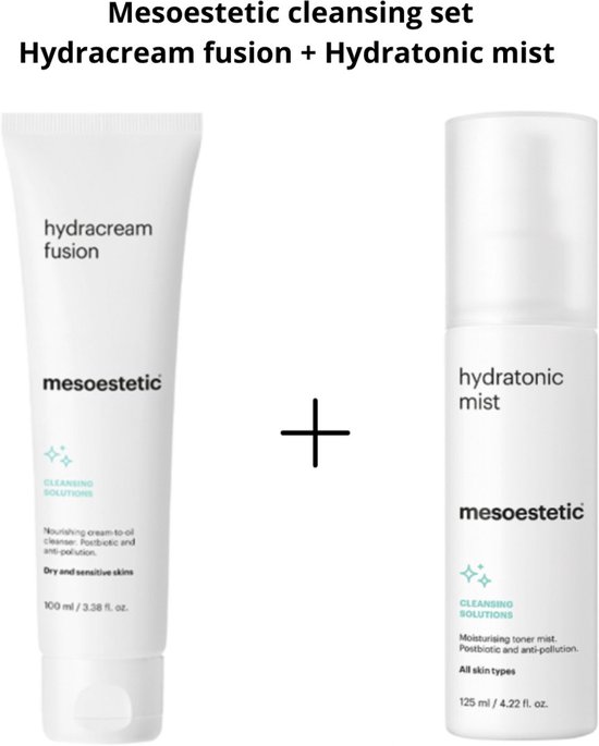 Mesoestetic set met Hydracream fusion en Hydratonic mist. Witte tubes met blauwe en grijze tekst.