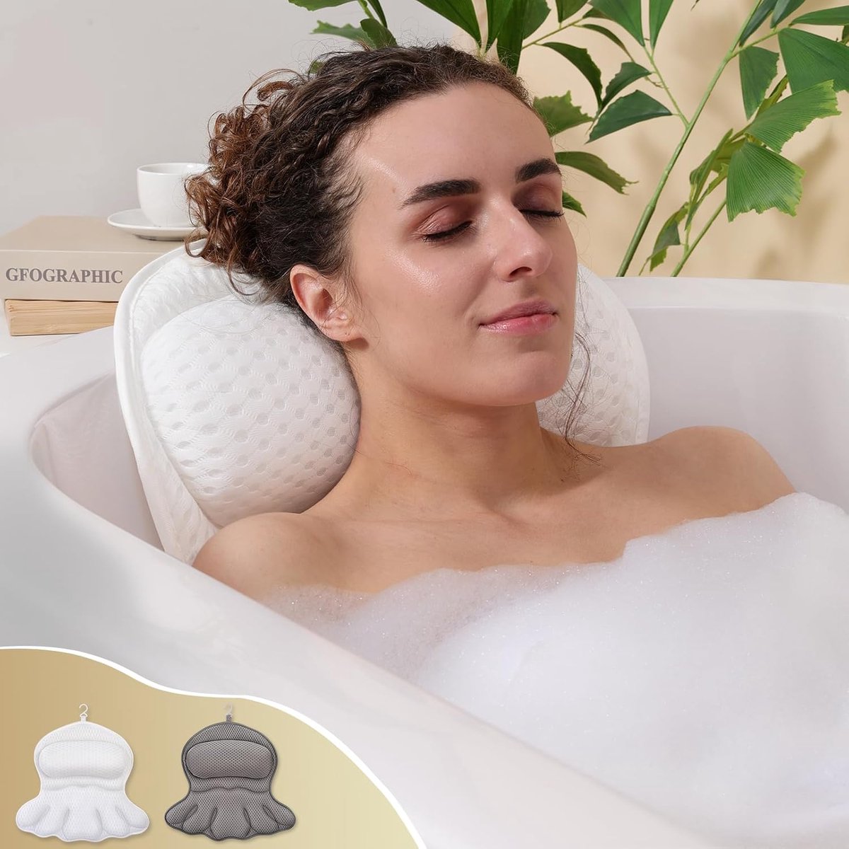 Luxe badkussen, superzacht en comfortabel badkussen voor hoofd, nek en rug in bad, met 4D Air Mesh kussen en antislip zuignap