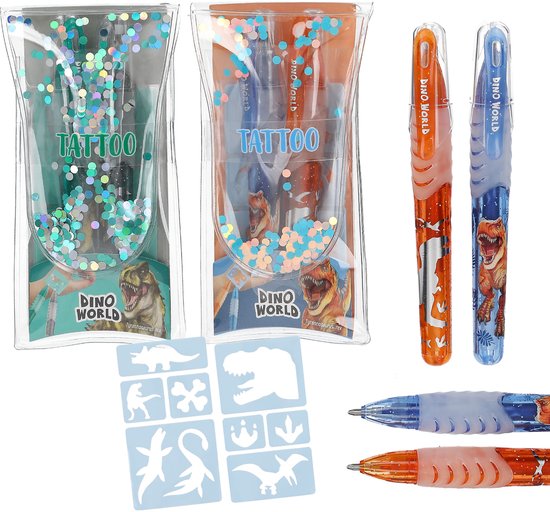 Deux stylos gel pailletés à imprimé dinosaure, verts et oranges, avec 'Dino World'. Les stylos sont dans un étui transparent à paillettes. Pochoirs dinosaures inclus.