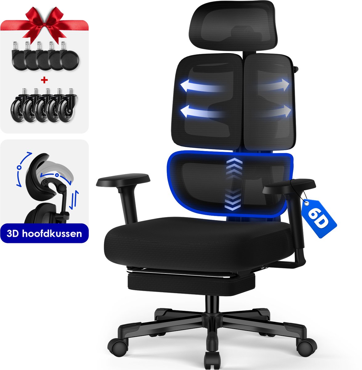 Hiaonyx bureaustoel met voetensteun–Ergonomische bureaustoel voor Volwassenen–6D Armleuningen–3D Hoofdsteun–Drievoudige Rug-en Lendensteun–Verstelbare Rugleuning tot 160°-Met stille wielen-Zwart - Hiaonyx - €189,99