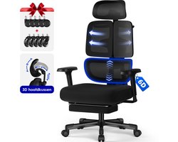 Hiaonyx bureaustoel met voetensteun–Ergonomische bureaustoel voor Volwassenen–6D Armleuningen–3D Hoofdsteun–Drievoudige Rug-en Lendensteun–Verstelbare Rugleuning tot 160°-Met stille wielen-Zwart