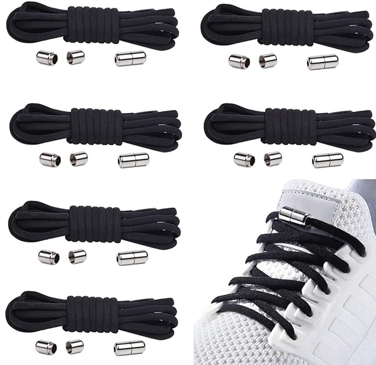 OUYLAF Elastische Veters - elastische veters volwassenen - Schoenveters - Niet meer strikken - Zwart - 6 Paar - Sportveters - Voor Loopschoenen & Sneakers - elastische veters kinderen