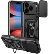 MobyDefend Hoesje - Geschikt voor iPhone 17 Pro - Pantsercase Met Draaibare Ring - Zwart