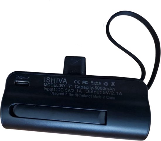 ISHIVA Mini Powerbank 5000 mAh - Chargeur rapide Samsung - Écran LED- USB-C & Lightning - adapté pour iPhone 15 - Taille compacte - Zwart