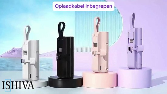 ISHIVA Mini Powerbank 5000 mAh - Chargeur rapide Samsung - Écran LED- USB-C & Lightning - adapté pour iPhone 15 - Taille compacte - Zwart