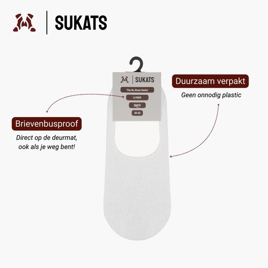 Verpakking van een paar witte Sukats 'No Show Socks', levert proof.