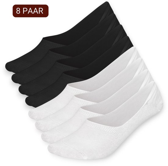 Chaussettes basses No Sukats® 8 paires - Invisibles - Footies - Zwart et Wit - Femmes et hommes - Katoen - Taille 39-42 - Chaussettes basses - Pack économique