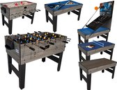 Een multi-game tafel met airhockey, tafelvoetbal, biljart, basketbal en tafeltennis.