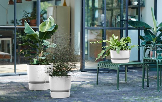 Twee witte Elho bloempotten met grote planten op een betegeld terras.