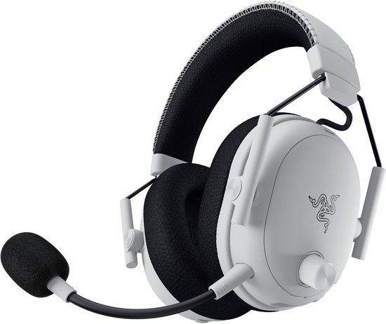 Witte Razer BlackShark V3 Pro gaming headset met zwarte oorkussens en hoofdband, met microfoon.