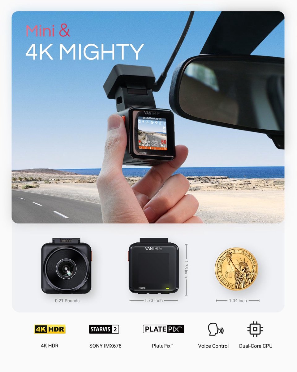 Vantrue E1 Pro 4K Mini Dashcam Voorzijde, STARVIS 2 PlatePix HDR Nachtzicht Autoradio, Ingebouwde 5G WiFi GPS, 1,54" IPS-scherm, LTE-ondersteuning, Spraakbediening, 24/7 Buffered Parkeermodus, Ondersteunt tot 1TB Max thumbnail 5
