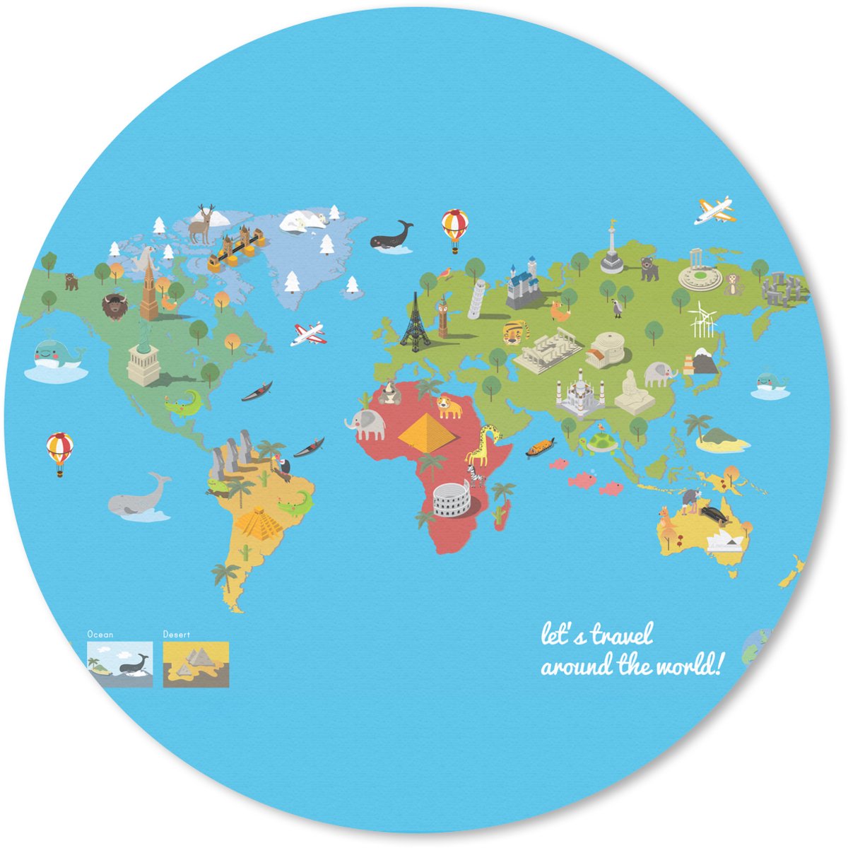 Muismat rond 30x30 cm - Mousepad Wereldkaart Kinderen - Modern - Symbolen - Ronde muismatten