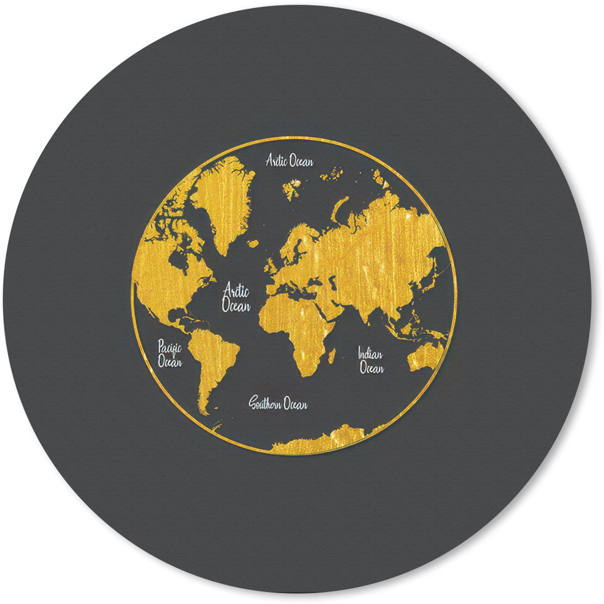 Muismat rond 50x50 cm - Mousepad Wereldkaart - Cirkel - Goud - Ronde muismatten
