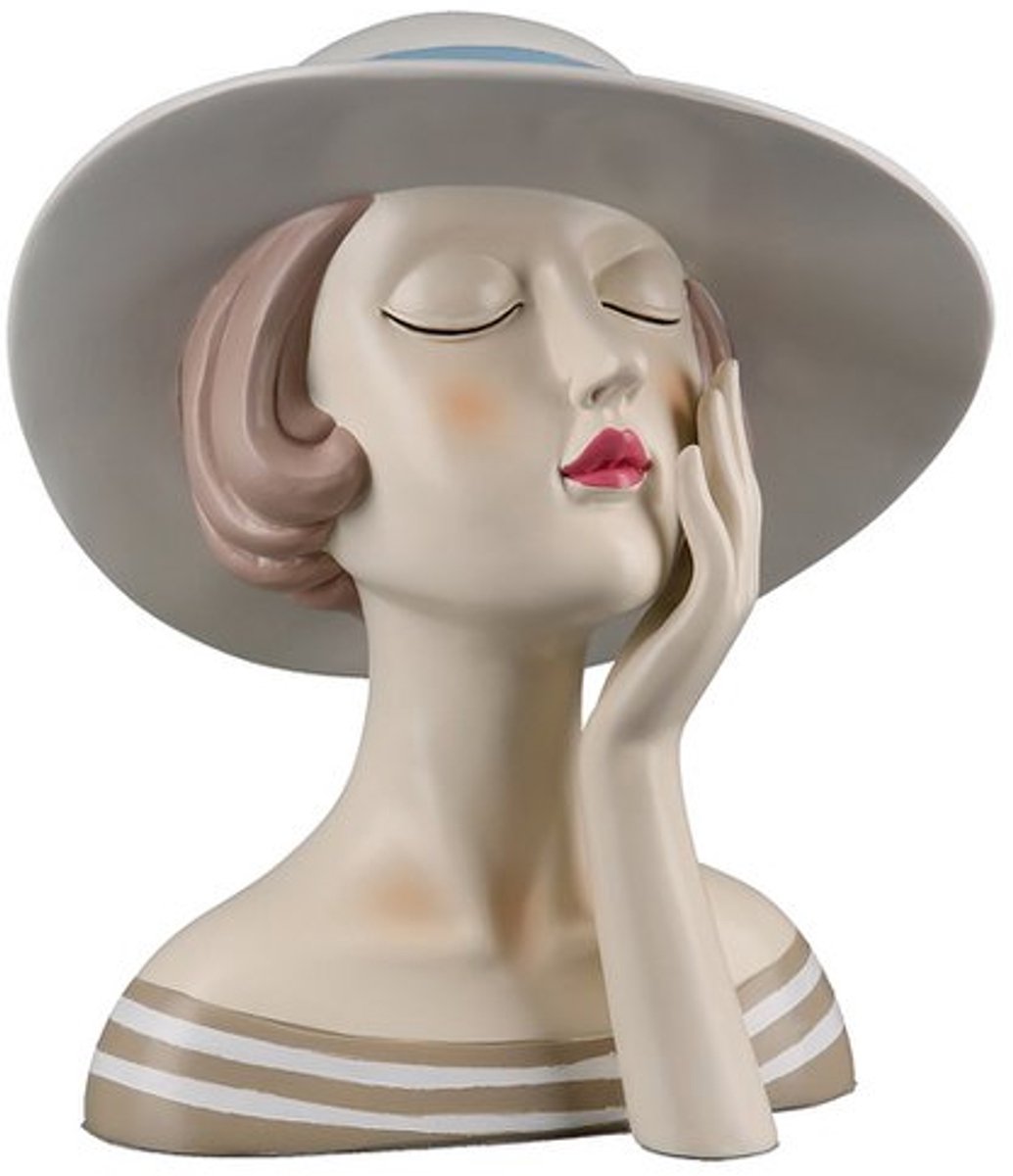 Decoratie beeld Figuur Dame met witte hoed H 18cm Kunsthars