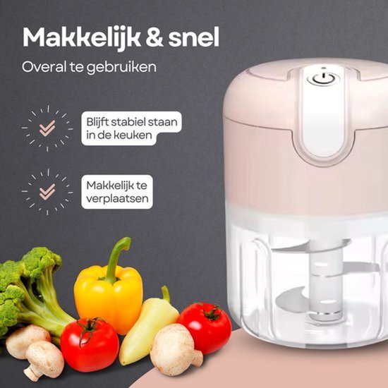 COCHO® Elektrische Hakmolen - USB Oplaadbaar - Mini Chopper 250 ml - Draadloos - Voor Groenten, Babyvoeding & Meal Prep - Roze + Een snellader van COCHO® — afbeelding 4