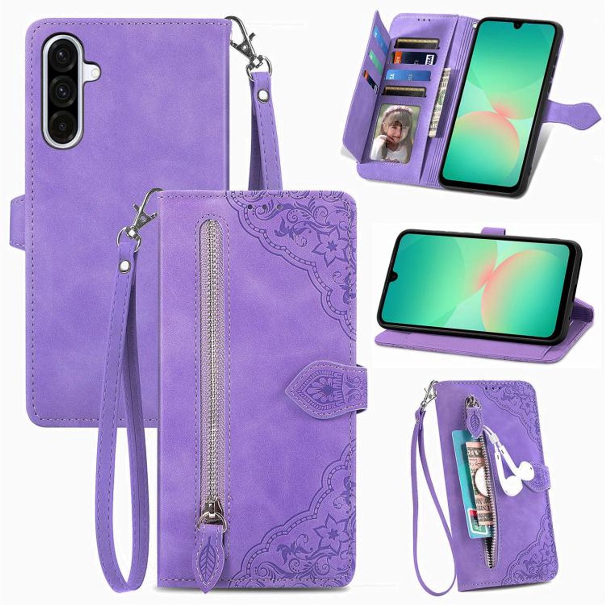 Telestore - telefoonhoesje geschikt voor Samsung Galaxy A26 5G - Portemonnee met rits - book-case hoesje - ruimte voor 7 pasjes - mandala bloemen paars