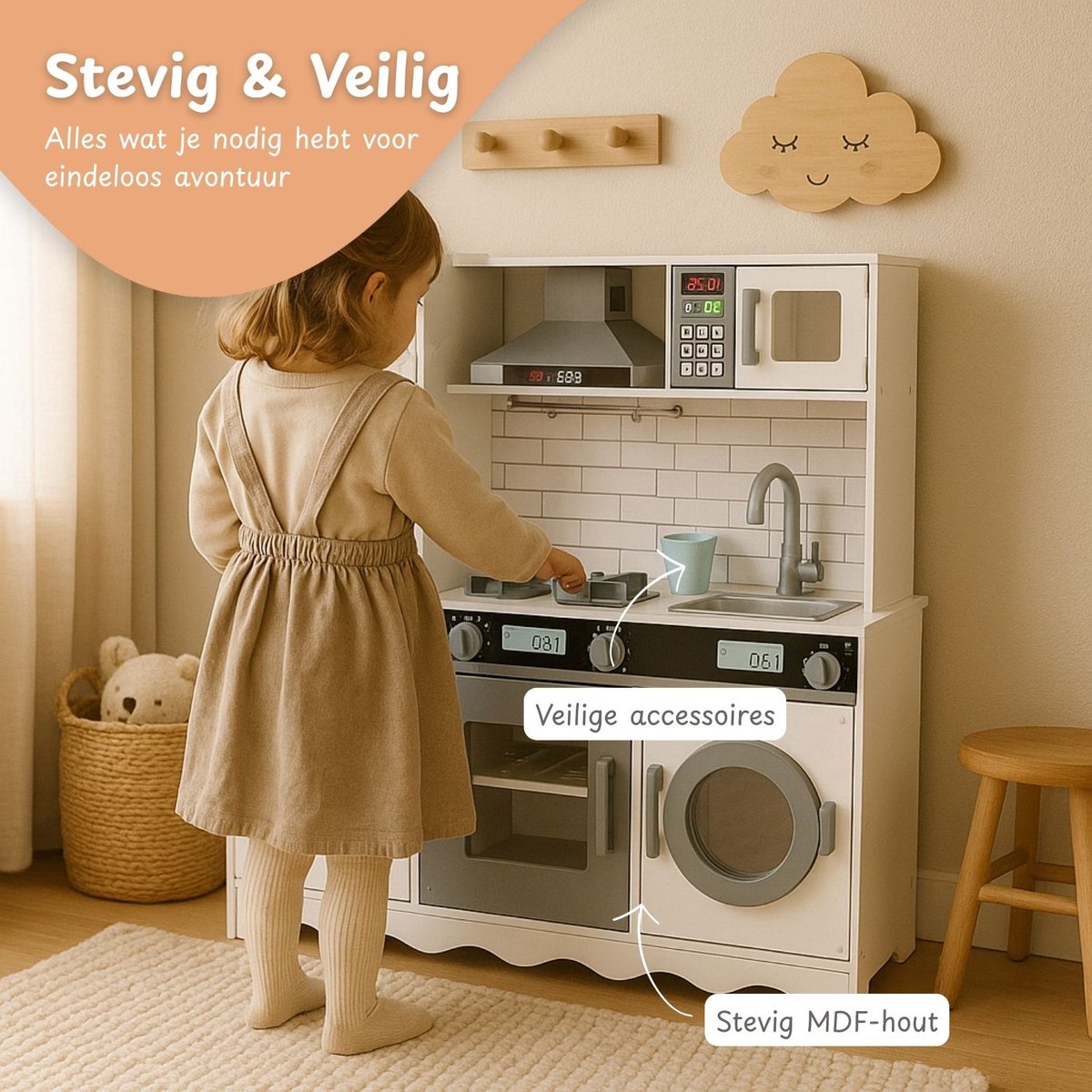 Maxx kidz - Houten Speelgoed Keuken - Complete Speelkeuken - Wit Keukentje met Grijze Afwerking - Stevige Kinderkeuken met Accessoires - Speelgoedkeuken met Geluid — afbeelding 3