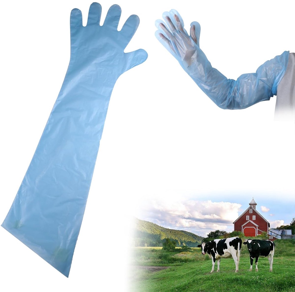 Disposable Langsleeve Handschoenen voor Bemesting - Transparante Plastic Handschoenen - 90 cm - Lichtblauw - Verpakking van 30