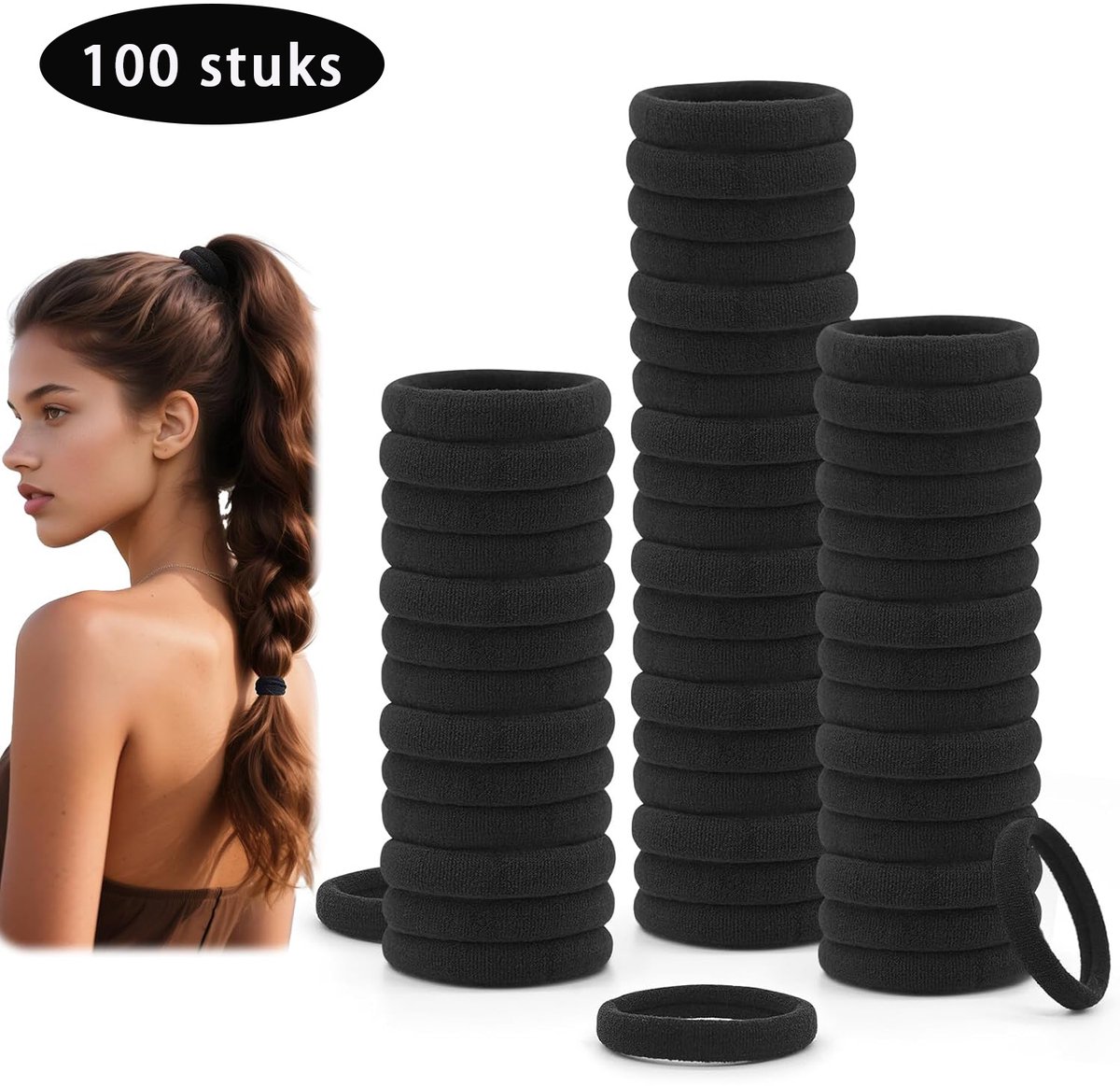 Crrynuo - Elastiekjes - Haarelastiekjes - Dames Haarbandjes - 21.8 Cm Uitrekbaar - 100 Stuks - Anti-Scheur - Zwart