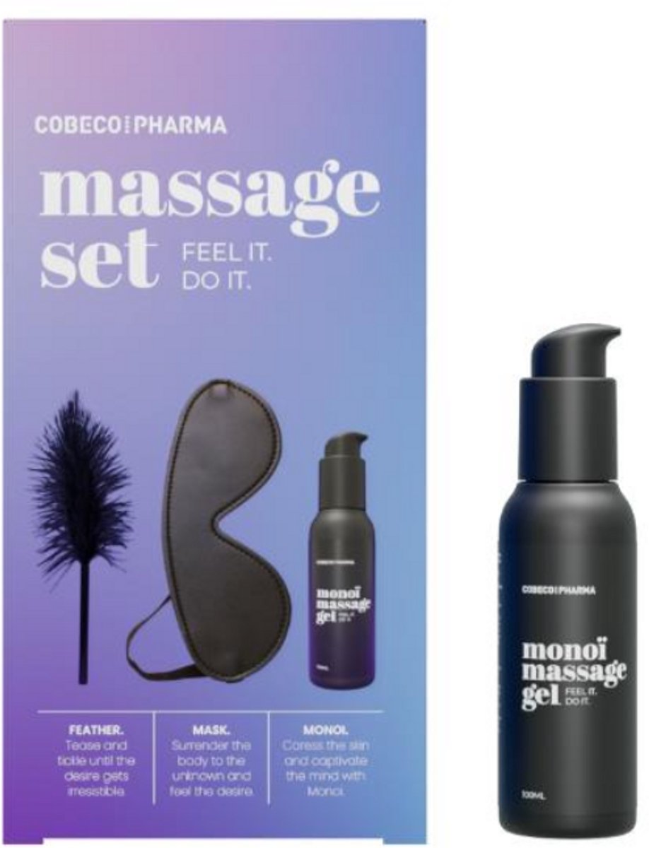 Cobeco Pharma Massage Set – Monoi | 3-delig | Inclusief Massagegel (100 ml), Pluim en Blinddoek | Sensuele Massage Kit