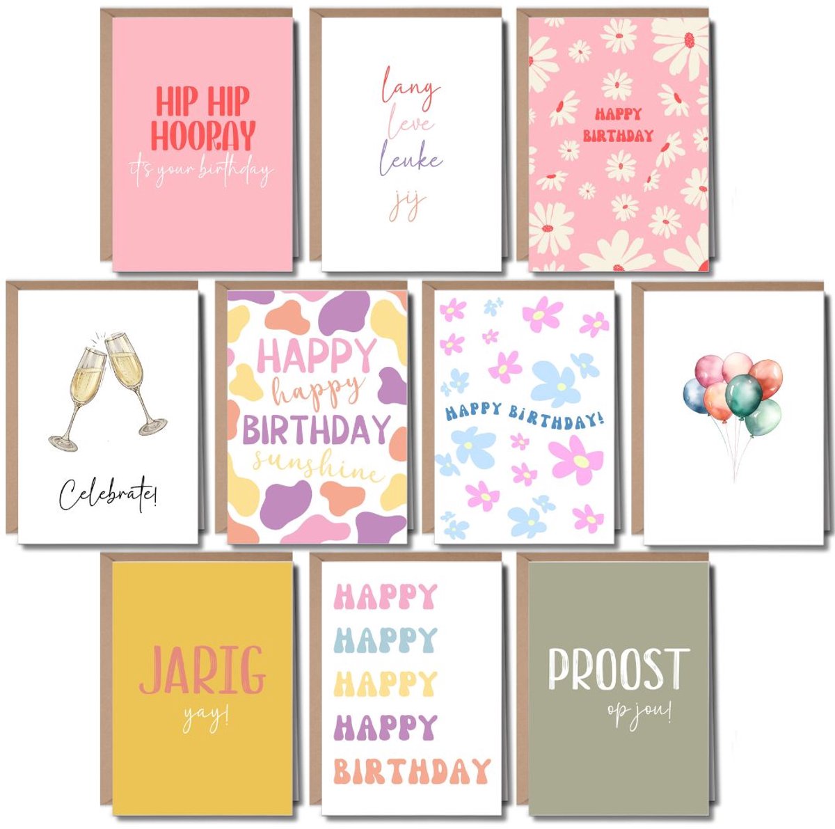 10 Luxe Verjaardagskaarten met Enveloppen - Wenskaarten Set Verjaardag - Kinderen & Volwassenen - Felicitatiekaarten - A6 - Blanco - Proost