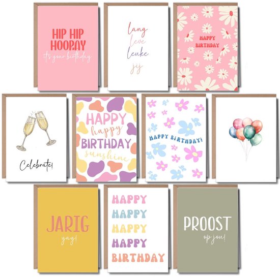 10 Luxe Verjaardagskaarten met Enveloppen - Wenskaarten Set Verjaardag - Kinderen & Volwassenen - Felicitatiekaarten - A6 - Blanco - Proost