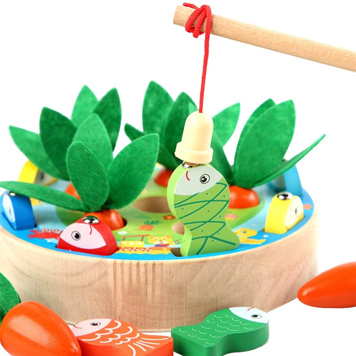 Montessori Houten Vishengel Speelgoed - Magnetisch Vissen - Kleurrijk Educatief Sorteerspel - 6 Wortels & 8 Vissen - Jongens en meisjes vanaf 3 jaar