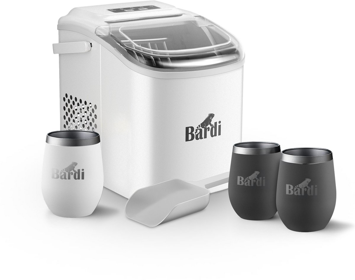 Bardi Deluxe IJsblokjesmachine Set 1,2 Liter Wit - 12KG IJsblokjes in 24 uur - met IJsschep - Inclusief 3 Luxe Thermosbekers en Ijsschep - Grijs