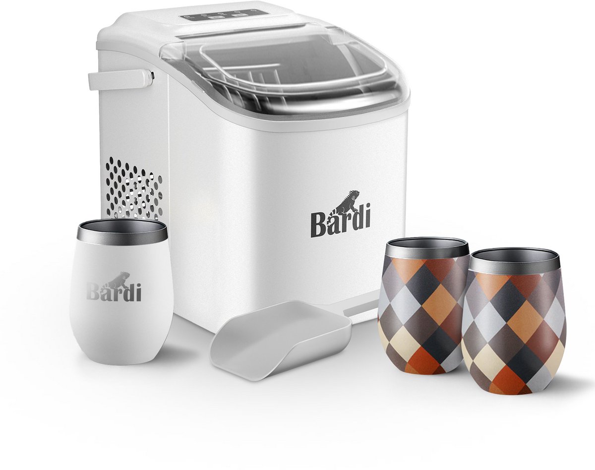 Bardi Deluxe IJsblokjesmachine Set 1,2 Liter Wit - 12KG IJsblokjes in 24 uur - met IJsschep - Inclusief 3 Luxe Thermosbekers en Ijsschep - Blok