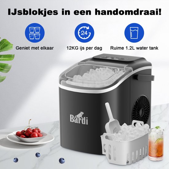 Bardi Deluxe IJsblokjesmachine Set 1,2 Liter Zwart - 12KG IJsblokjes in 24 uur - met IJsschep - Inclusief 3 Luxe Thermosbekers en Ijsschep - Abstract Colours van Bardi — afbeelding 5