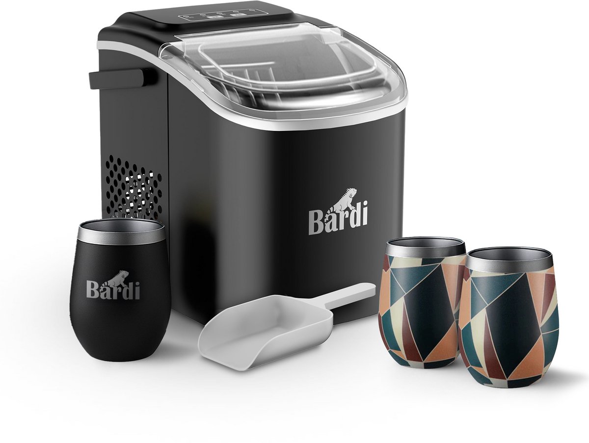 Bardi Deluxe IJsblokjesmachine Set 1,2 Liter Zwart - 12KG IJsblokjes in 24 uur - met IJsschep - Inclusief 3 Luxe Thermosbekers en Ijsschep - Abstract Colours