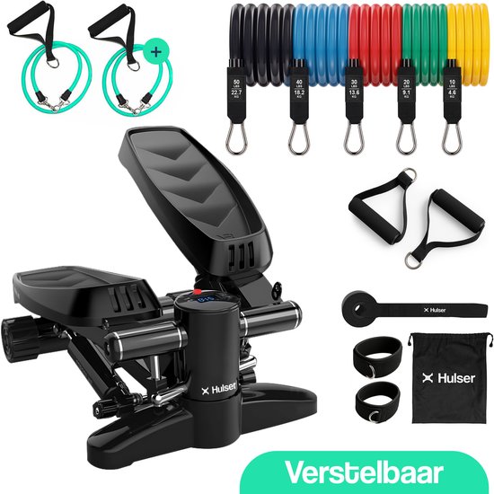 Hulser Stepper met display - Verstelbare weerstand - Met 12-delige weerstandsbanden set - Resistance band met handvatten, ankle strap en deuranker - Home gym fitnessapparaat - Thuis sporten - Fitness Weerstandsband - Mini cardio home trainer