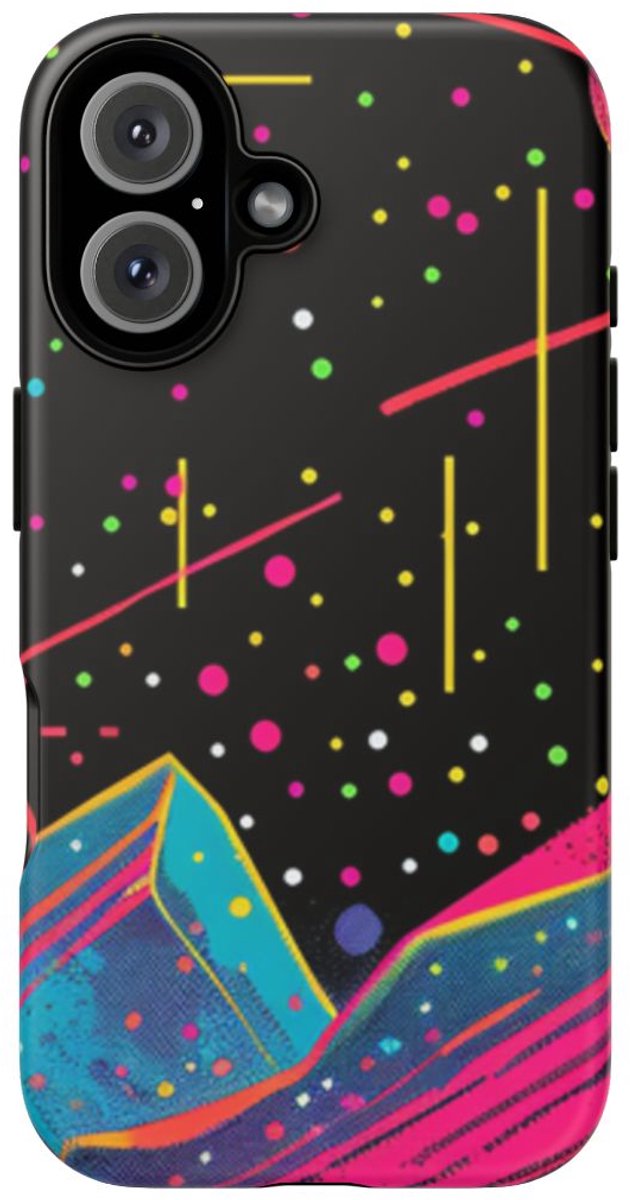 Neon Kosmisch Landschap met Planeten en Zon – Telefoonhoesje Geschikt voor iPhone 16