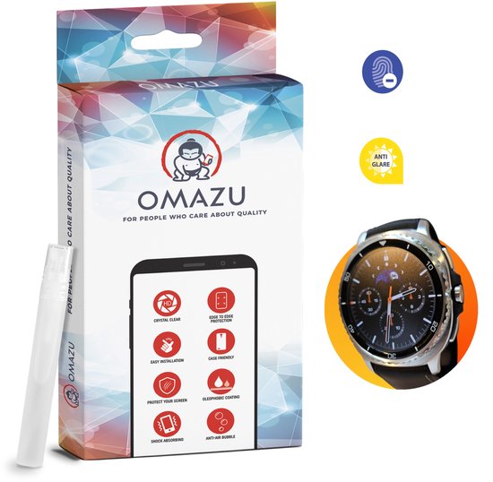 OMAZU verpakking voor Galaxy Watch 8 classic screenprotector. Bevat icoontjes voor vingerafdruk, anti-glare, kristalhelder, gemakkelijke installatie, krasbescherming.