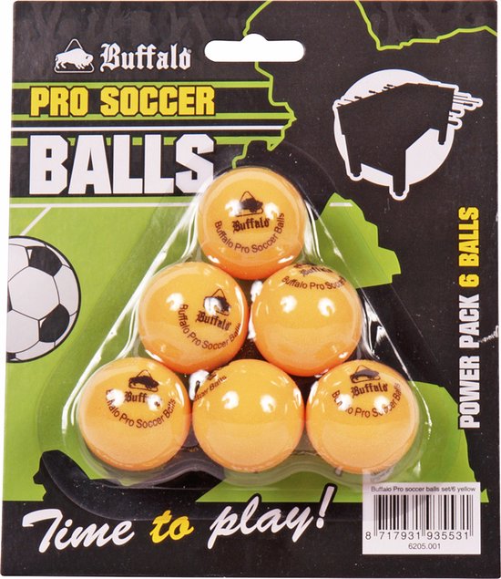 Set de 6 ballons de football Buffalo Pro de couleur jaune, emballés sur une carte avec une image de football.