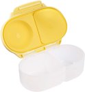 Boîte à goûter b.box jaune ouverte, avec deux compartiments en haut et deux en bas.