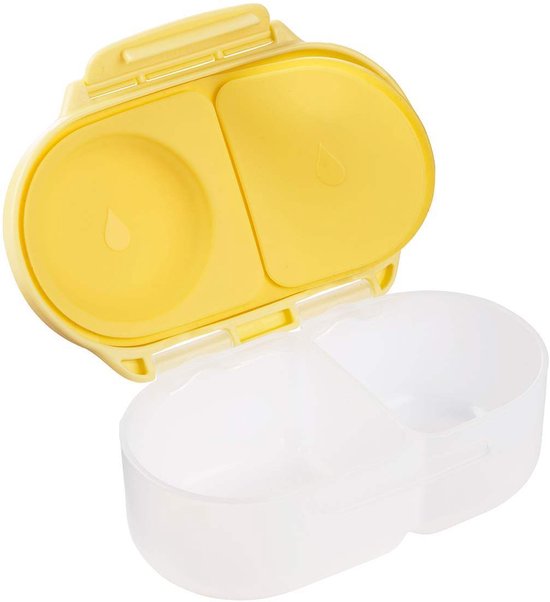 Boîte à goûter b.box jaune ouverte, avec deux compartiments en haut et deux en bas.