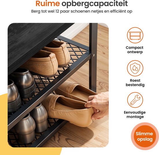 Zwarte schoenenbank met twee niveaus. Vrouwenhand pakt schoen. Icons voor compact ontwerp, roestbestendig, gemakkelijke montage.