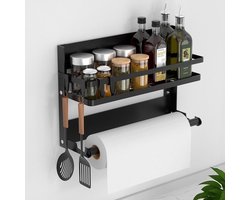 QPFO® Kruidenrek hangend roestvrij staal zonder boren zwart keukenrek met 4 haken en keukenrolhouder